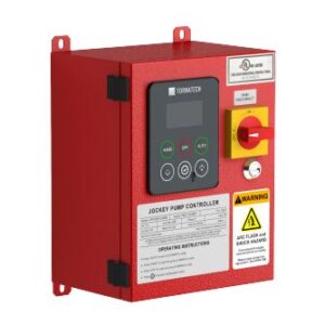 The JPLT (440-480V) is a red electronic control box featuring a digital display, switches, safety labels, and a warning sign.