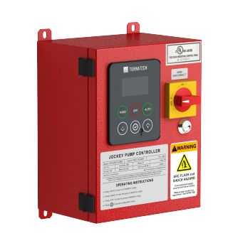 The JPLT (440-480V) is a red electronic control box featuring a digital display, switches, safety labels, and a warning sign.