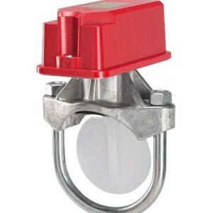 A Waterflow Detector Switch featuring a red and silver locking mechanism, U-shaped metal bar, and white circular component.