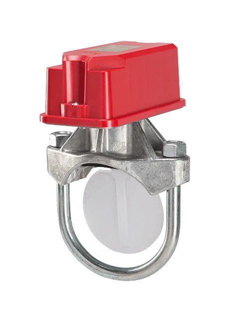 A Waterflow Detector Switch featuring a red and silver locking mechanism, U-shaped metal bar, and white circular component.