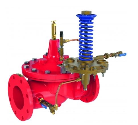 The Altitude Pilot Control Valve is a red industrial valve featuring a blue spring mechanism and connected pipes designed for fluid control.