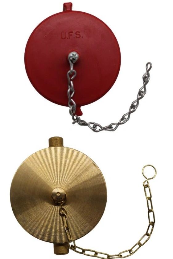 Two circular drain covers include a red threaded cap labeled "U.F.S. 5" with a silver chain, and a brass threaded cap with a gold chain.