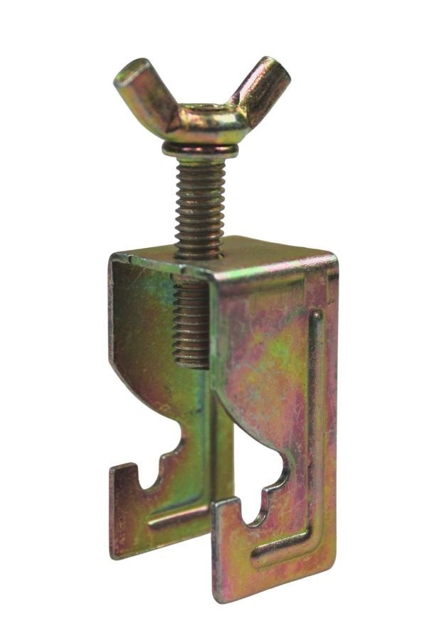 The Aleum Flexible Tube Stud End Bracket is a metallic wing nut clamp with a threaded screw and two interlocking jaws, shown against a white background.