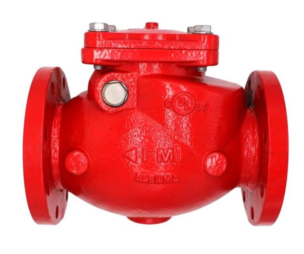 Red Swing Check Valve (Flanged) made of cast iron, featuring visible brand markings.