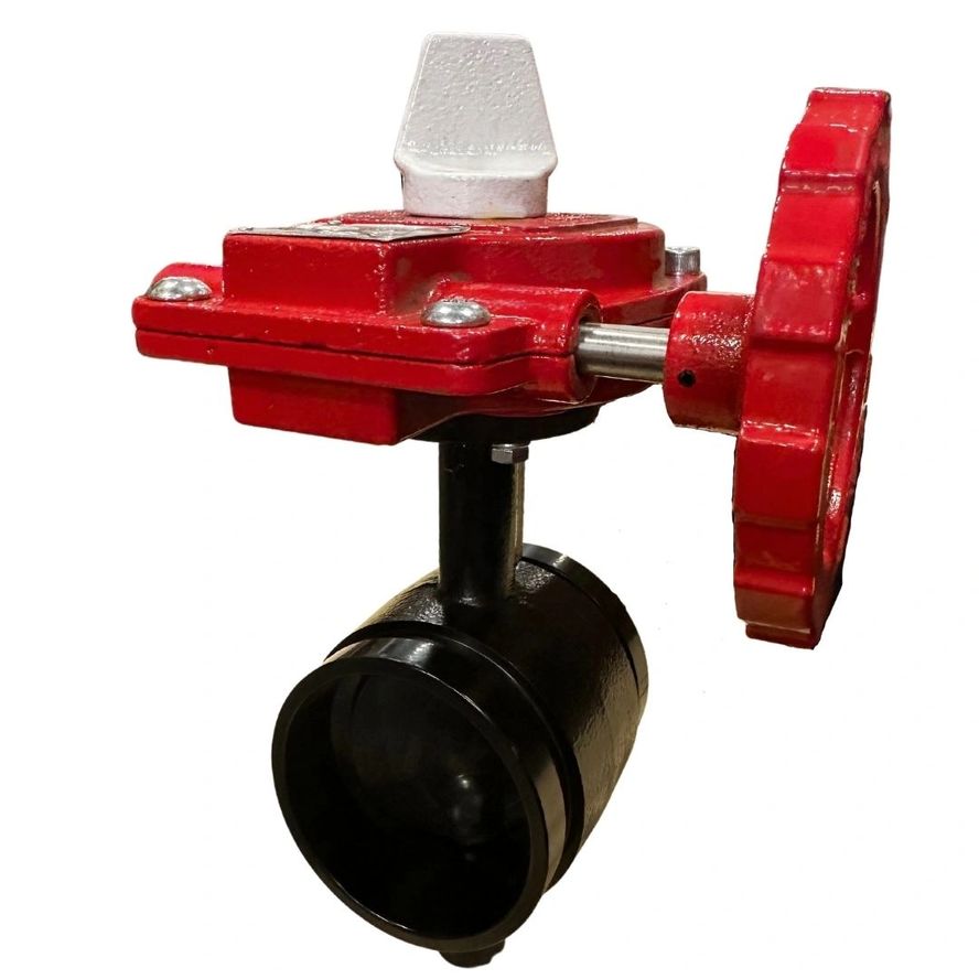 Iron Butterfly Valve (Grooved/Closed) with a red and black design, handwheel, and topped by a white actuator.