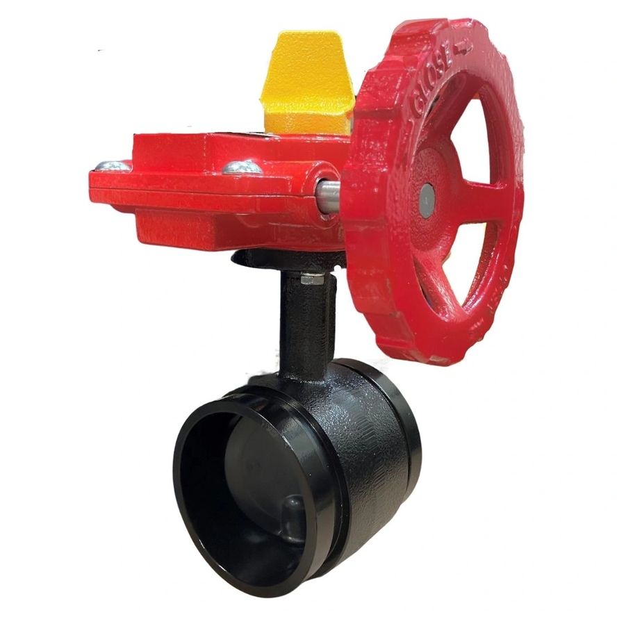 Iron Butterfly Valve (Grooved): Features a red valve with a black pipe attachment and a yellow label. The circular handle, marked "CLOSE," allows for fluid flow control.