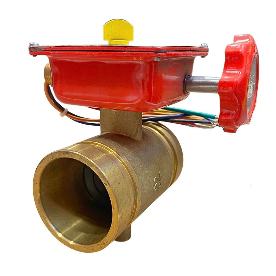 A Bronze Butterfly Valve (Grooved) with a red actuator and connected wires.