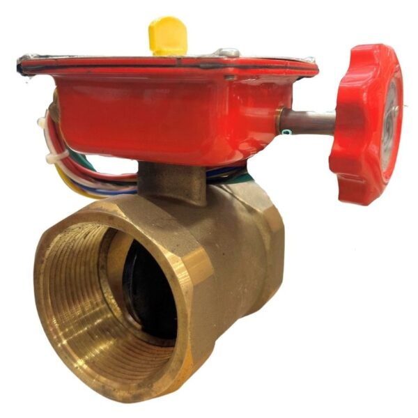 Side view of a Bronze Butterfly Valve (Threaded) featuring a red control handle and attached wiring.