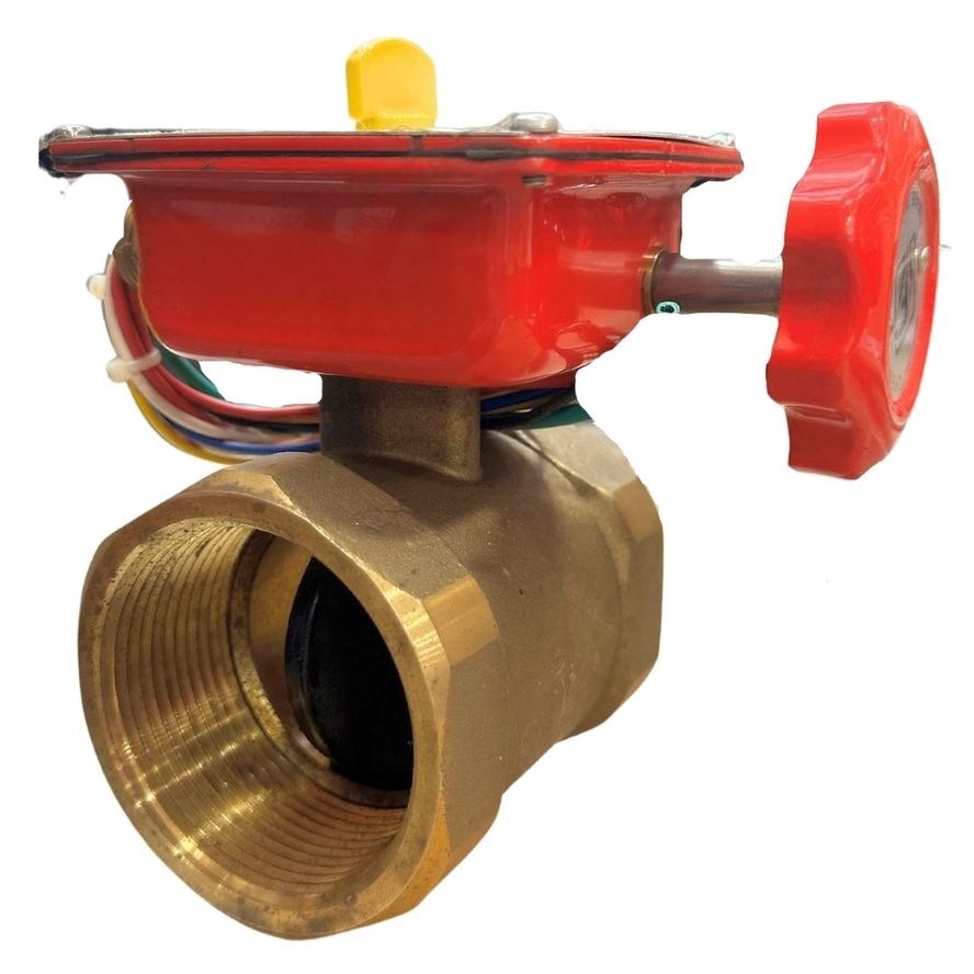 Side view of a Bronze Butterfly Valve (Threaded) featuring a red control handle and attached wiring.