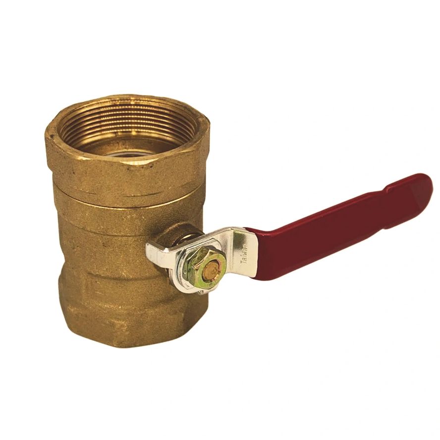 A horizontal brass Ball Valve featuring a red lever handle.