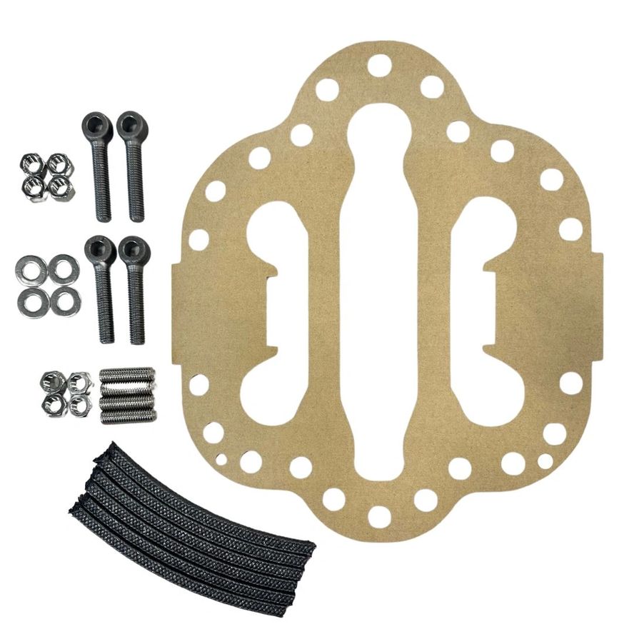 ABF Series Repack Kits (Peerless) featuring gasket set with metal plate, bolts, washers, nuts, springs, and braided lines displayed on a white background.