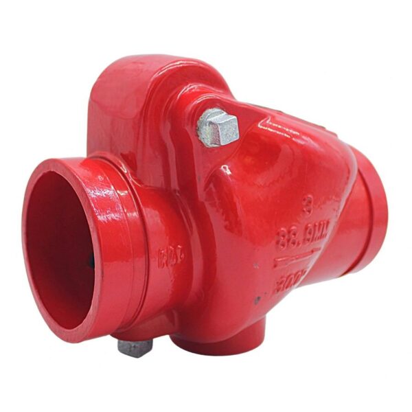 The Swing Check Valve (Grooved) is a red valve with metallic finish, featuring two openings and hexagonal bolts, suitable for plumbing or machinery systems.