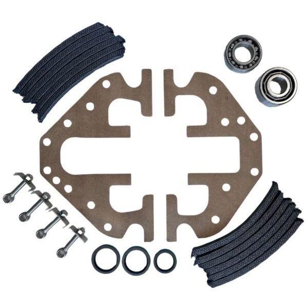 The Aurora 481 Series Repair Kit, featuring gaskets, bearings, screws, seals, and brake linings, is arranged on a white background.