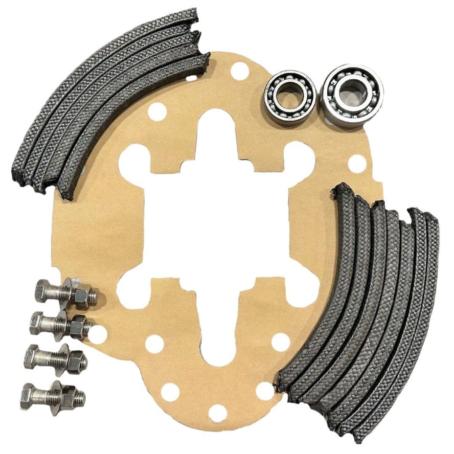 The KS Series Repair Kit (AC) includes a gasket set with bolts, braided hose sections, and two bearings arranged on a flat surface.
