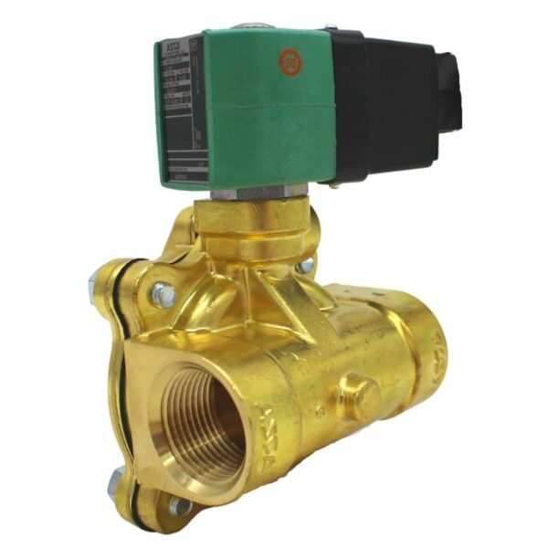 A Solenoid Valve featuring a green and black actuator assembly on top, constructed from brass, with threaded connections on both sides.