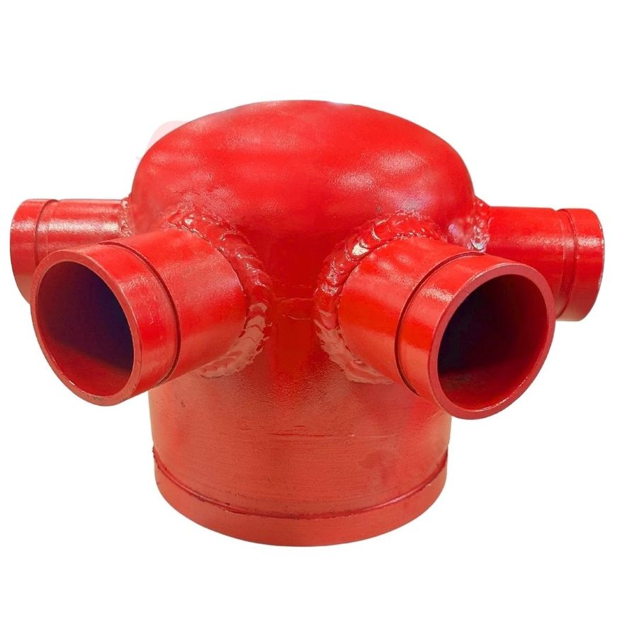 A red Hose Valve Header featuring a multi-directional industrial pipe connector with multiple openings.