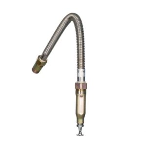 Flexible Sprinkler Connector (Unraided) featuring a metal hose with attached brass fittings, curved at one end and straight at the other, isolated on a white background.