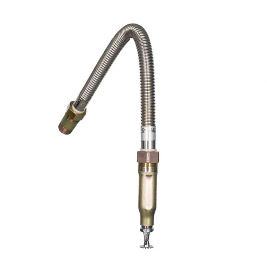 Flexible Sprinkler Connector (Unraided) featuring a metal hose with attached brass fittings, curved at one end and straight at the other, isolated on a white background.