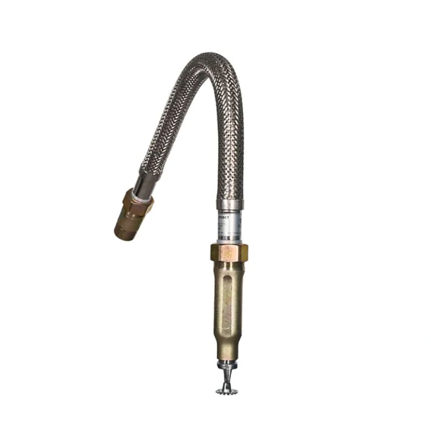 A Flexible Sprinkler Connector (Braided) featuring a nozzle attachment and screw thread, ideal for plumbing or industrial use, set against a white background.