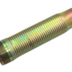 Straight Connector Reducer: A metal cylindrical tube with threaded ends and ribbed texture, featuring a reflective multicolored finish.