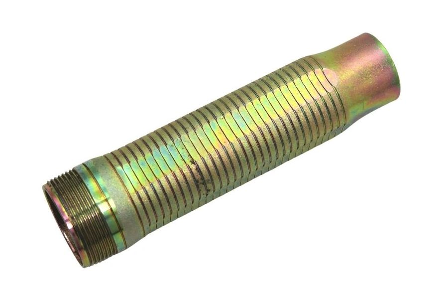 Straight Connector Reducer: A metal cylindrical tube with threaded ends and ribbed texture, featuring a reflective multicolored finish.