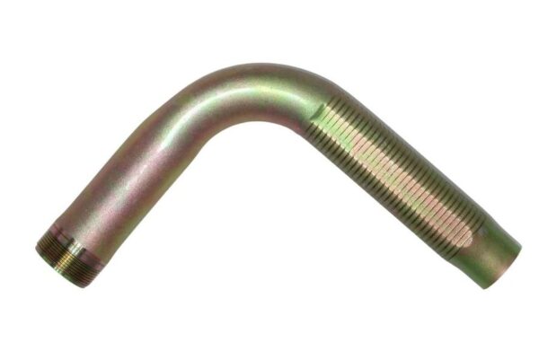 The 90º Elbow Flex Hose Nipple is a metallic bent pipe with threaded ends and a ridged section near one end.