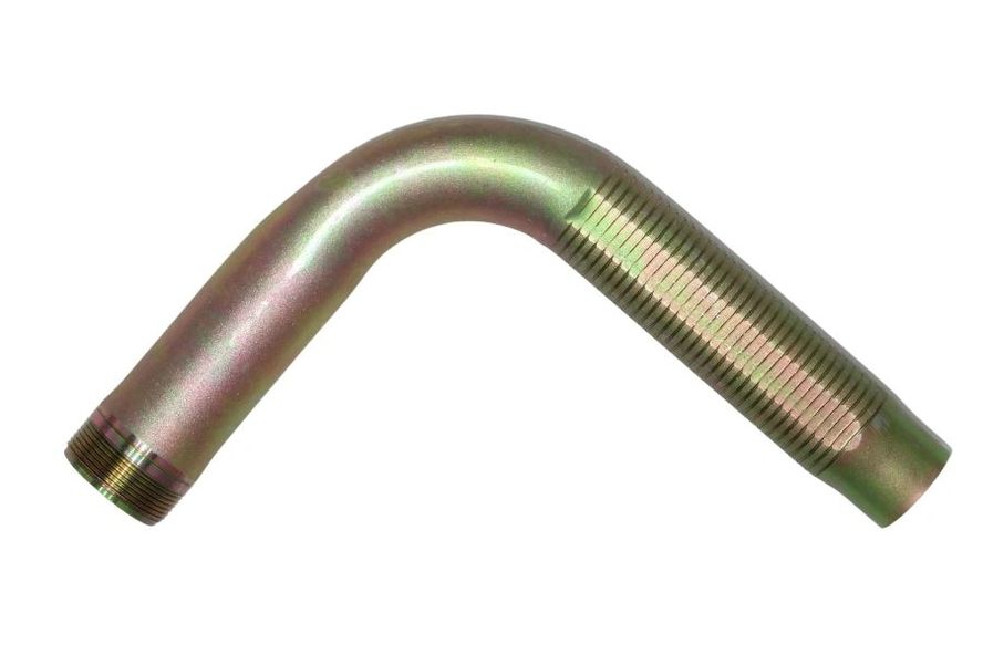 The 90º Elbow Flex Hose Nipple is a metallic bent pipe with threaded ends and a ridged section near one end.