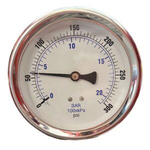 The Compound Pressure Gauge, Liquid, 4", features a round analog display in a metal casing, measuring up to 300 psi and 20 bar. The needle currently points to around 7 bar.