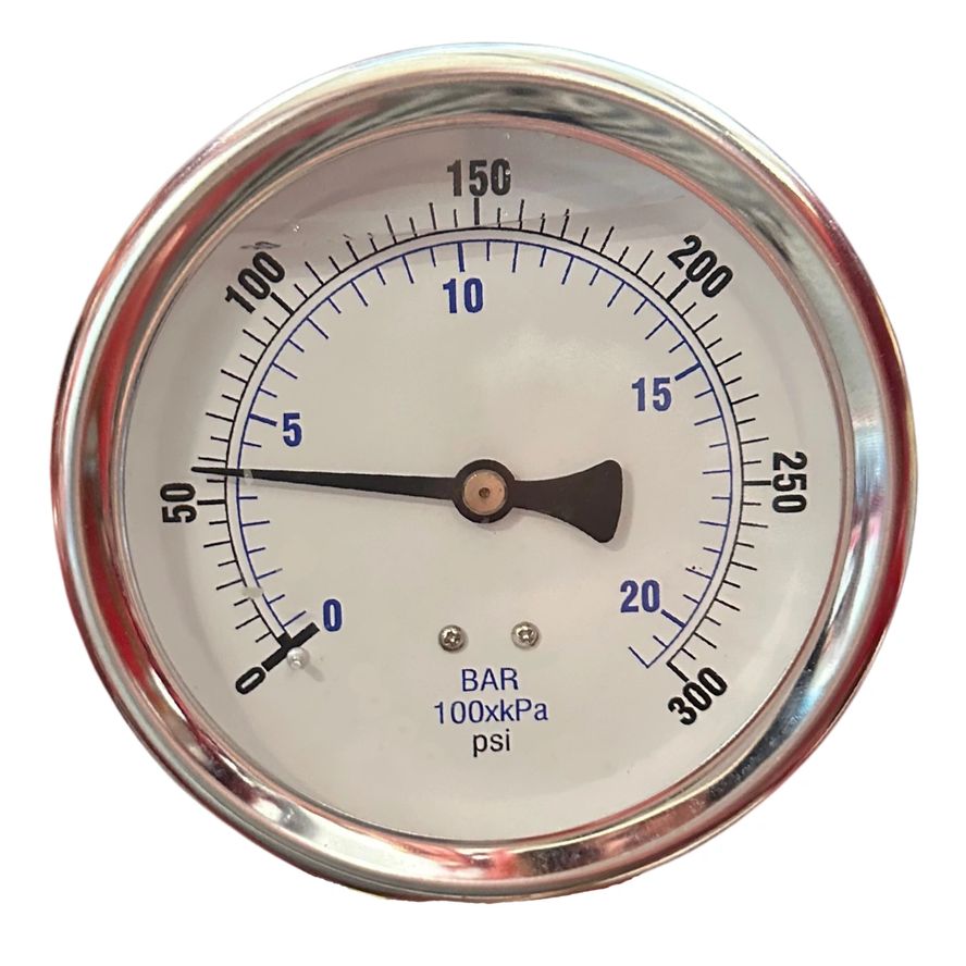 The Compound Pressure Gauge, Liquid, 4", features a round analog display in a metal casing, measuring up to 300 psi and 20 bar. The needle currently points to around 7 bar.