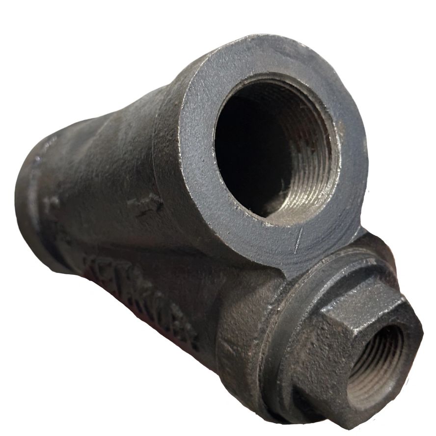 A close-up of a Y Strainer metal pipe fitting with threaded openings, designed for plumbing or industrial use.
