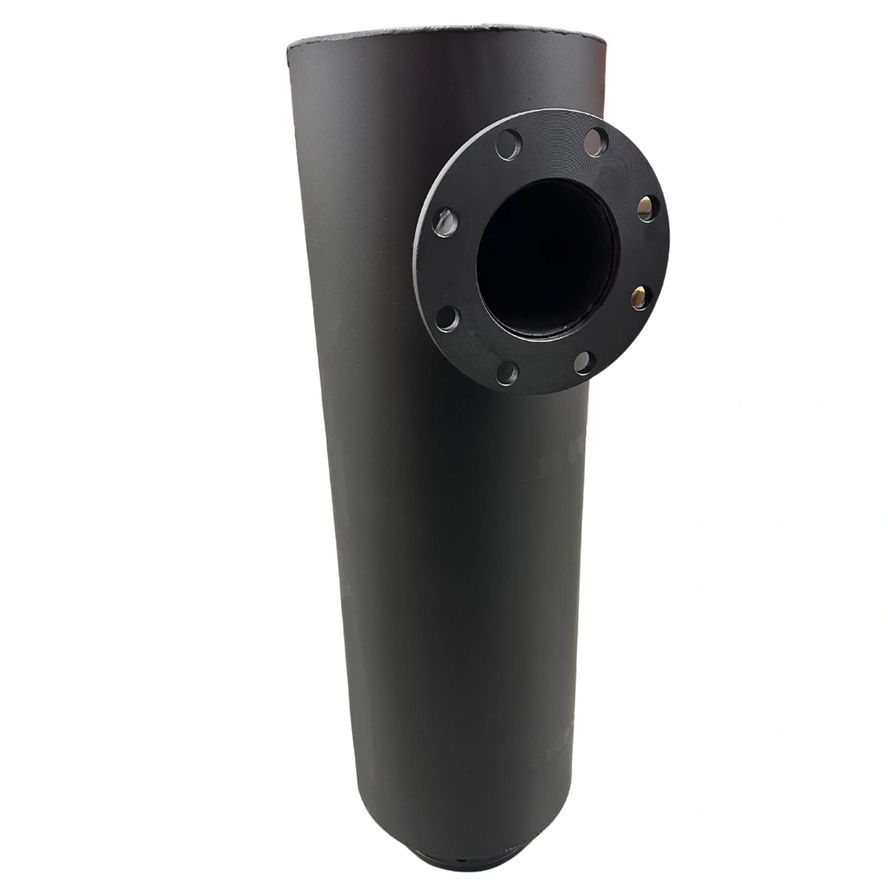 A black cylindrical metal muffler, featuring a side inlet with a flange, stands upright against a white background.
