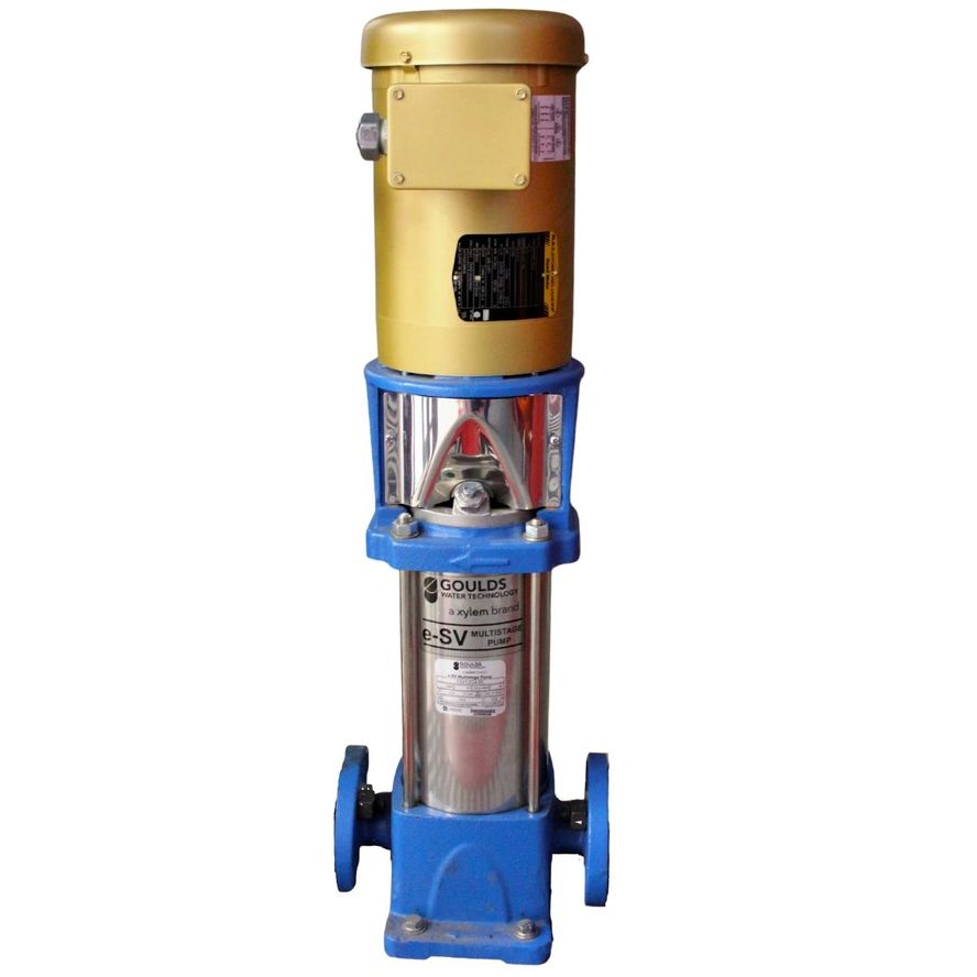 A vertical multistage centrifugal pump with a gold-colored motor and blue base, named "Jockey Pump (5SV)".