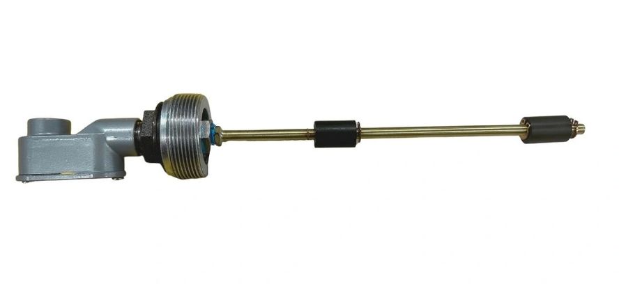 The Fuel Level Float is a metal rod featuring a threaded base and a cylindrical attachment on the other end, likely used as a mechanical or industrial component.