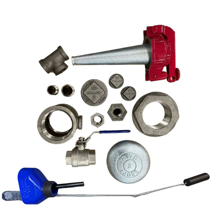 The Fuel Tank Accessory Kit is arranged on a white background, showcasing various metal pipe fittings, valves, a red strainer, and a blue-handled tool.