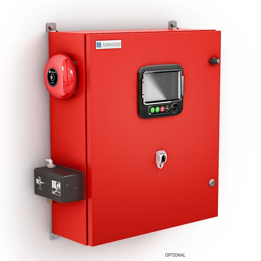 Wall-mounted Tornatech GPD Controller in red, featuring a screen, buttons, and keyhole on the front.