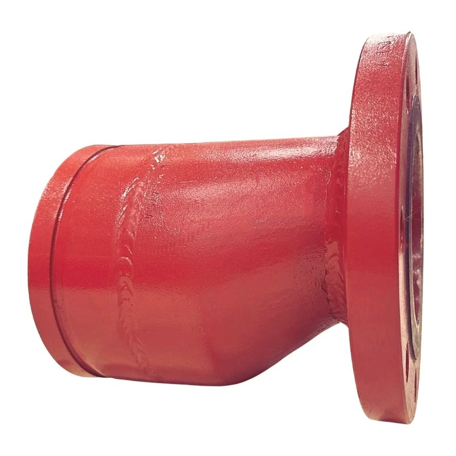 Side view of a red Eccentric Reducer pipe fitting featuring a tapered shape and smooth surface.