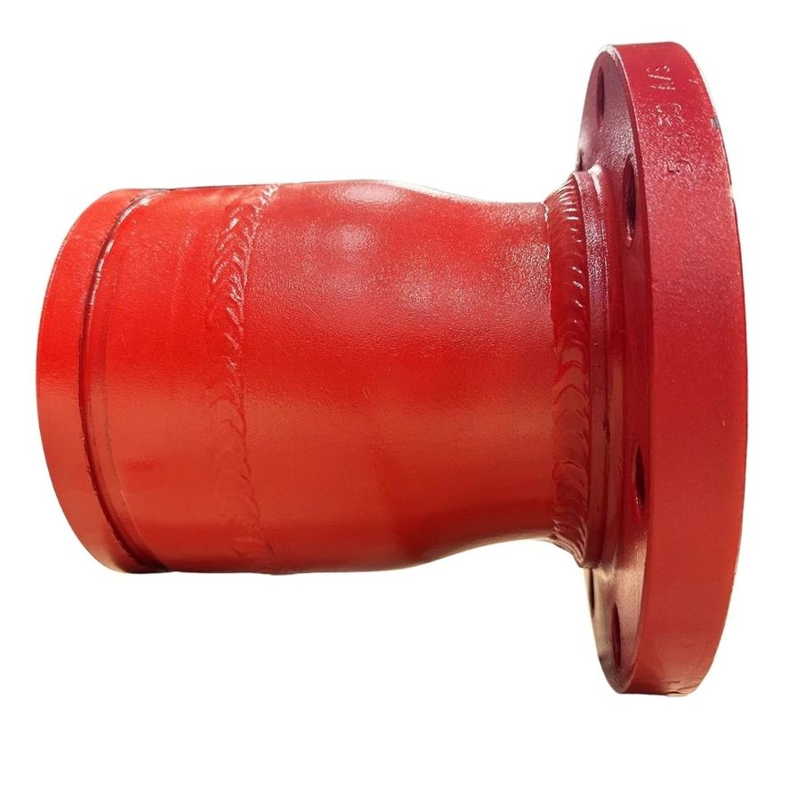 Concentric Reducer with a red metal finish featuring a cylindrical extension and visible weld seams.