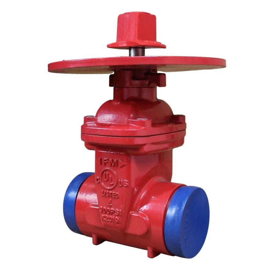 NRS Grooved x Grooved Gate Valve featuring a red body, round handle, and blue caps on both sides.