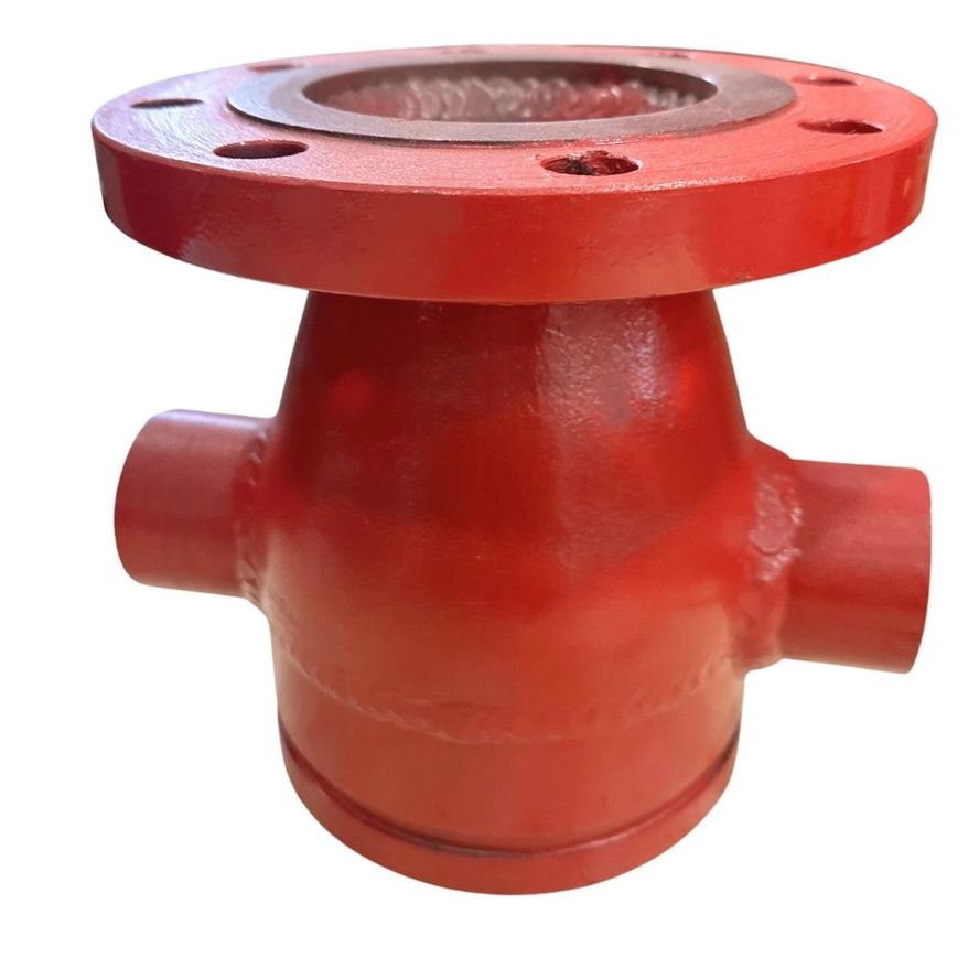 A red, T-shaped metal pipe fitting called a Closed Waste Cone (Flanged x Grooved) has a circular top opening with three side connections, suitable for plumbing or industrial use.