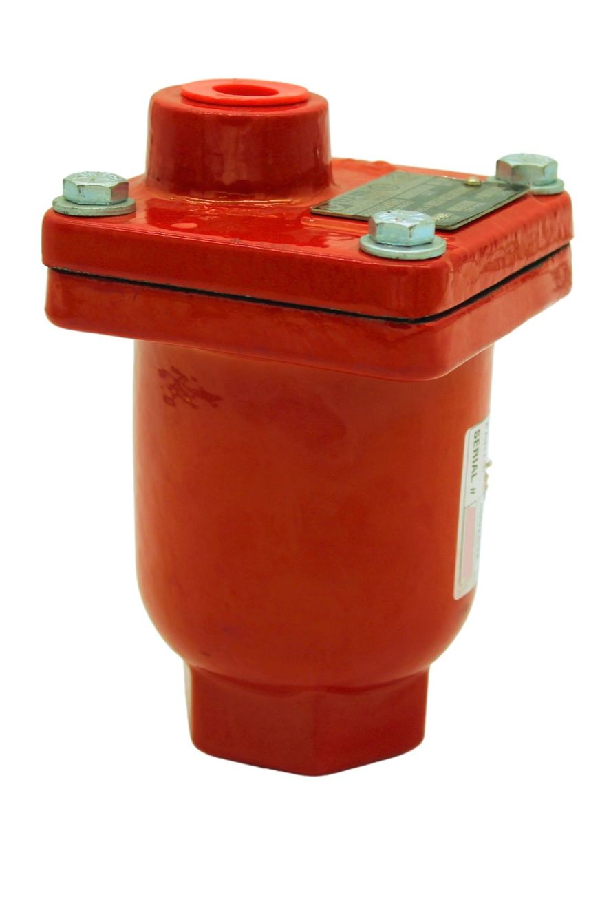 A red Air Release Valve with a cylindrical base and a square top secured by bolts.