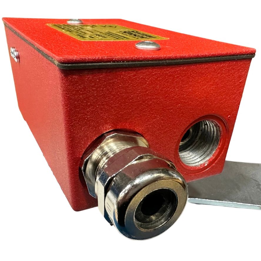 The Supervisory Switch (PSP1) is a red industrial limit switch featuring a metal connector and one open port, shown on a white background.