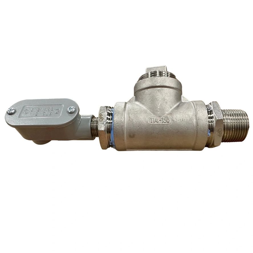 The Fuel Tank Leak Detector consists of a threaded metal pipe fitting with an attached rectangular control box, shown isolated on a white background.