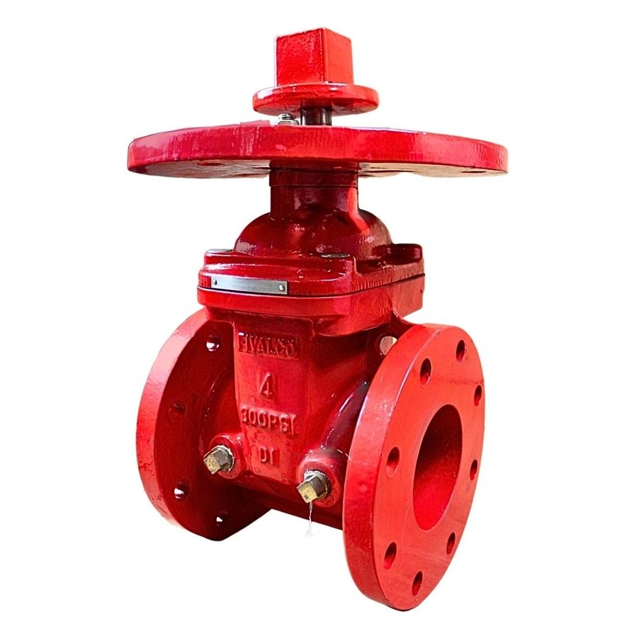 NRS Flanged x Flanged Gate Valve: red industrial valve with a round handle on top, two flange connections at the bottom, labeled "300 PSI" and "4".