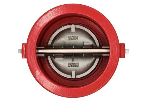 Red circular Double Door Wafer Check Valve with a metal double-door mechanism inside, marked "SS304".