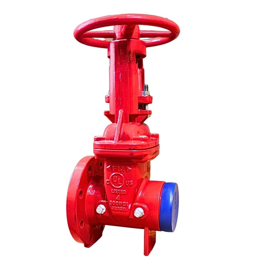 OS&Y Flanged x Grooved Gate Valve featuring a red industrial design, circular handle, and flange connection, set against a plain white background.