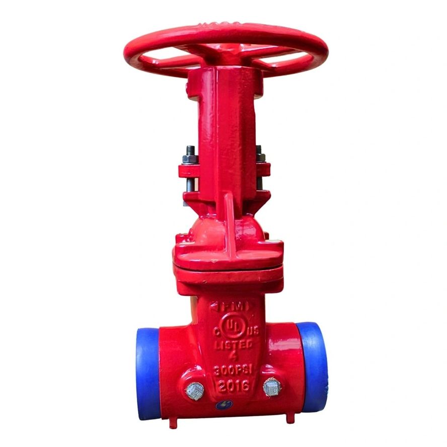 OS&Y Grooved x Grooved Gate Valve, featuring a wheel handle and blue end caps, with embossed text and markings on its red industrial body.
