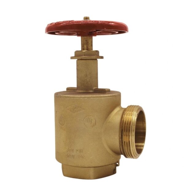 The brass hose valve features a red wheel handle for controlling water flow with threaded side openings for pipe attachment.
