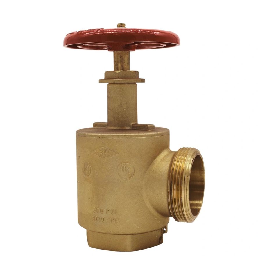 The brass hose valve features a red wheel handle for controlling water flow with threaded side openings for pipe attachment.