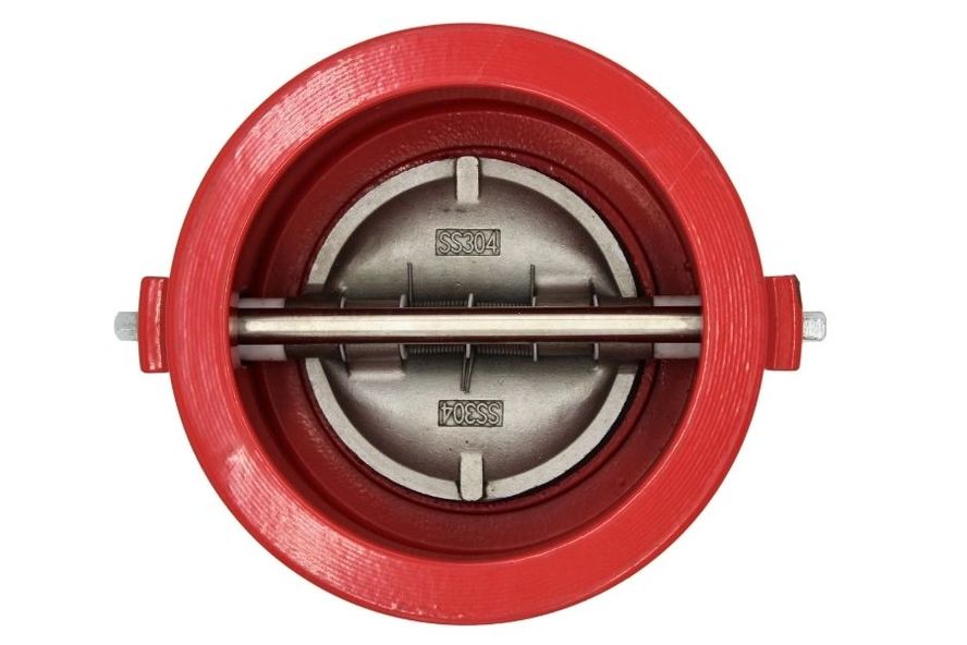 Red circular Double Door Wafer Check Valve with a metal double-door mechanism inside, marked "SS304".